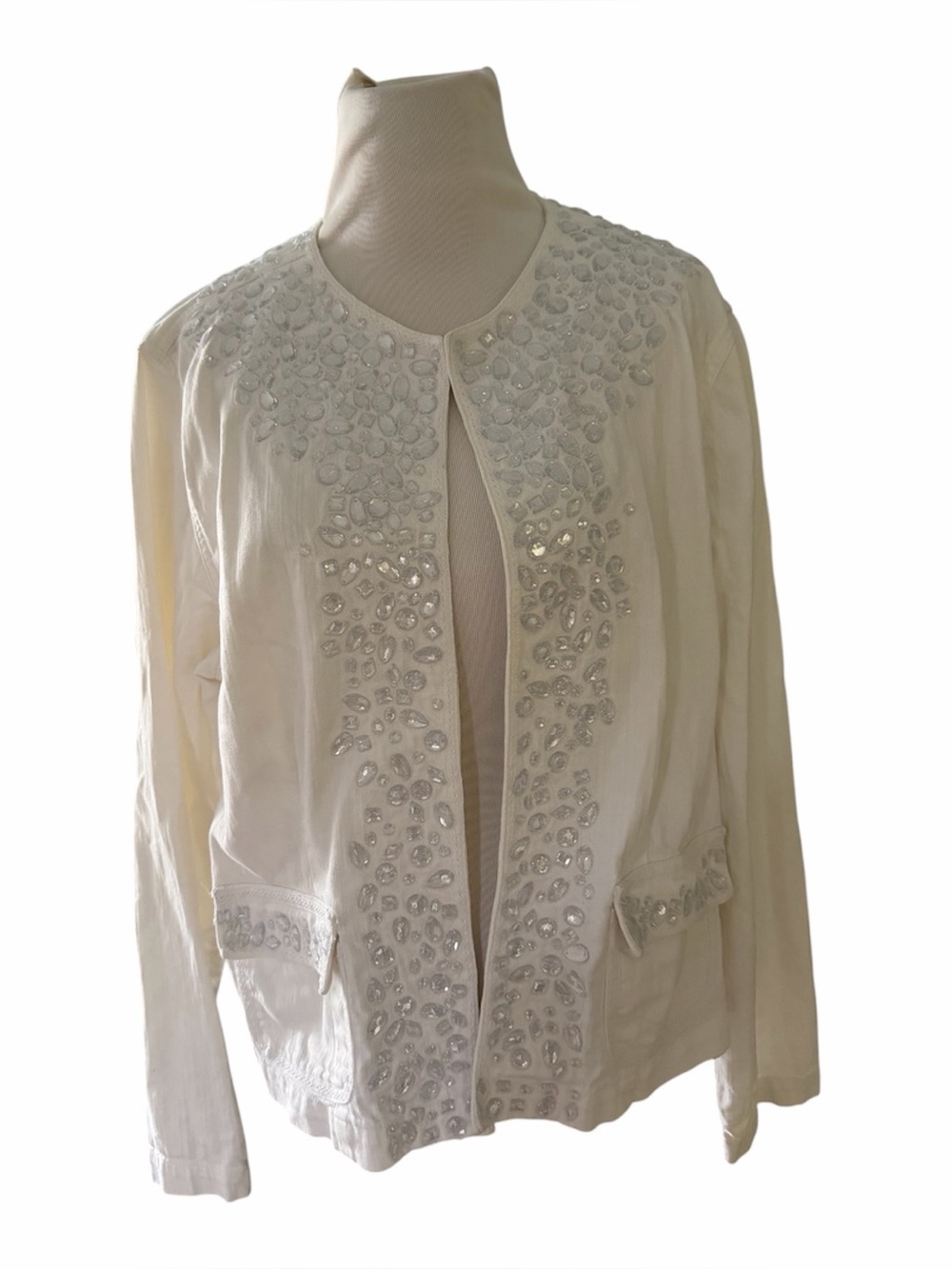 Chico's Platinum Women's L long Sleeve Open Jacket White Gem Embellished Cotton